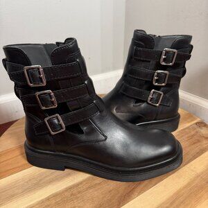 Franco Sarto ARGO Black Multi Buckle Moto Ankle Boots Harness Combat Boots 7.5M